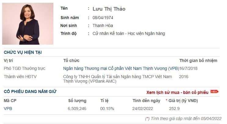 Phó Tổng giám đốc VPBank Lưu Thị Thảo bán 