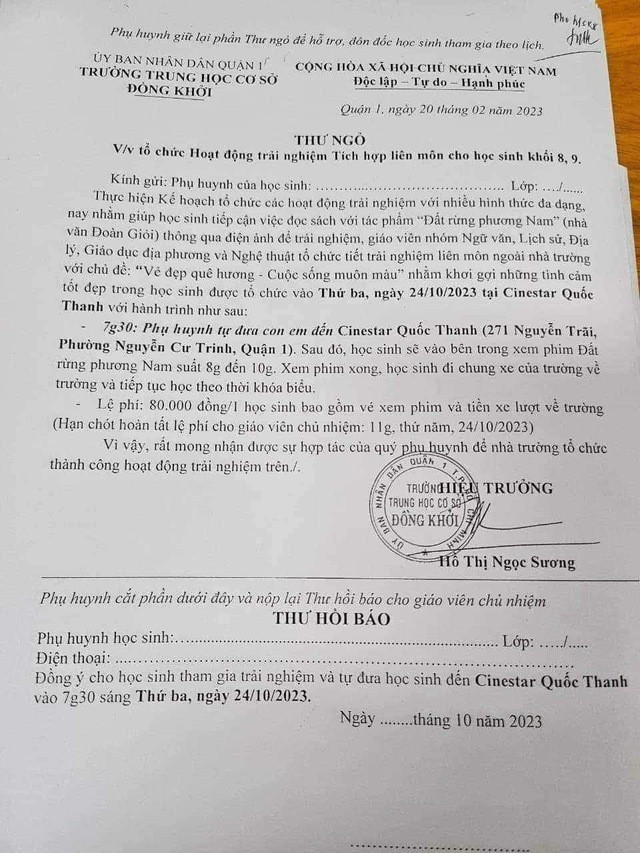Tổ chức cho HS đi xem “Đất rừng phương Nam” bị phản ứng, THCS Đồng Khởi dừng 